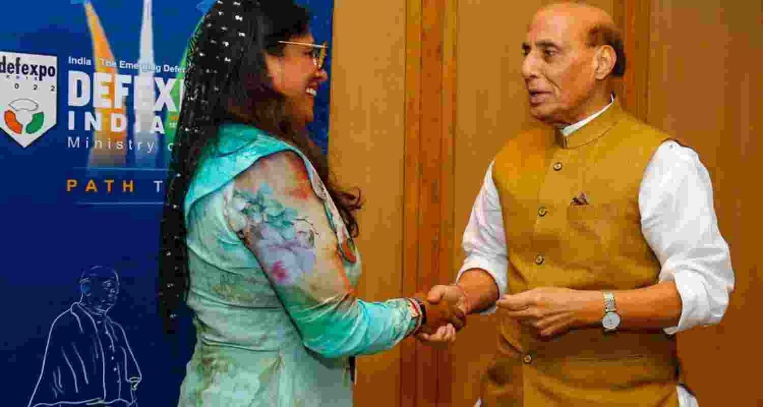Maldives Defence Minister Mariya Didi with her Indian counterpart Rajnath Singh during her visit in Gandhinagar in the year 2022.