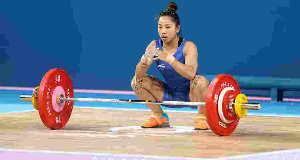 Indian weightlifter Mirabai Chanu in action during the 2024 Paris Olympics.