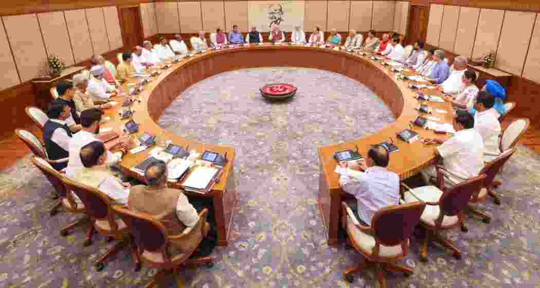 Prime Minister Narendra Modi chairs the first meeting of his new Cabinet, attended by the newly-inducted ministers, at the prime minister's 7, Lok Kalyan Marg residence, in New Delhi on Monday, June 10, 2024.