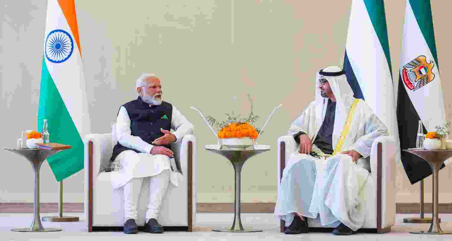Prime Minister Narendra Modi being received by UAE President Mohamed bin Zayed Al Nahyan upon his arrival in Abu Dhabi, UAE on Tuesday.
