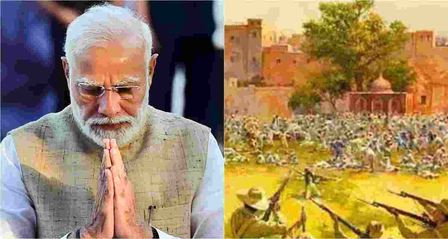 Prime Minister Narendra Modi (left), a representation of the Jallianwala Bagh massacre.