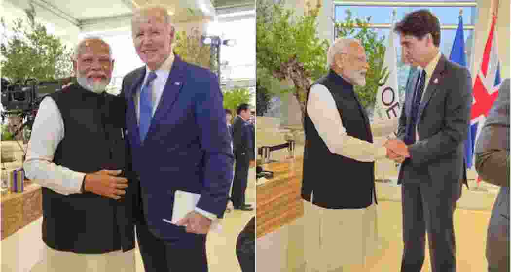 PM Narendra Modi meets US President Joe Biden and Canadian PM Justin Trudeau at the G7 Outreach session on Friday. ( Image:X/@narendramodi )