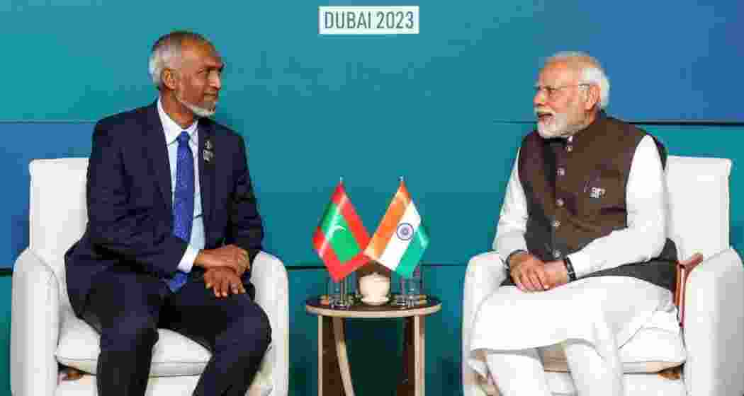 Maldives President Dr Mohamed Muizzu with Prime Minister Narendra Modi, on the sidelines of the COP28 in Dubai in December 2023.