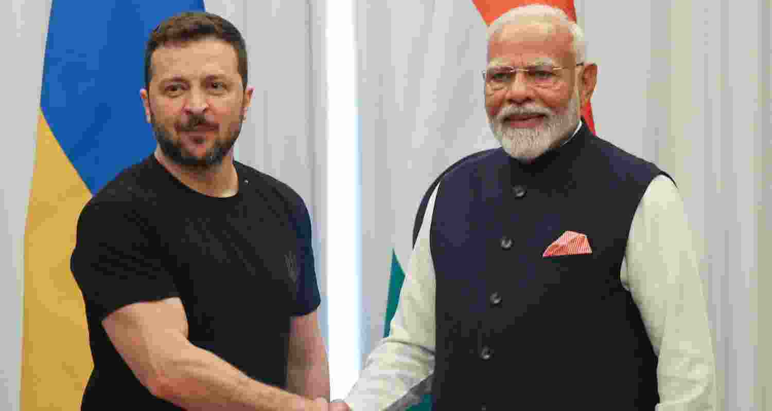 Prime Minister Narendra Modi with Ukrainian President Volodymyr Zelenskyy on the sidelines of the G-7 summit in Italy's Apulia. 