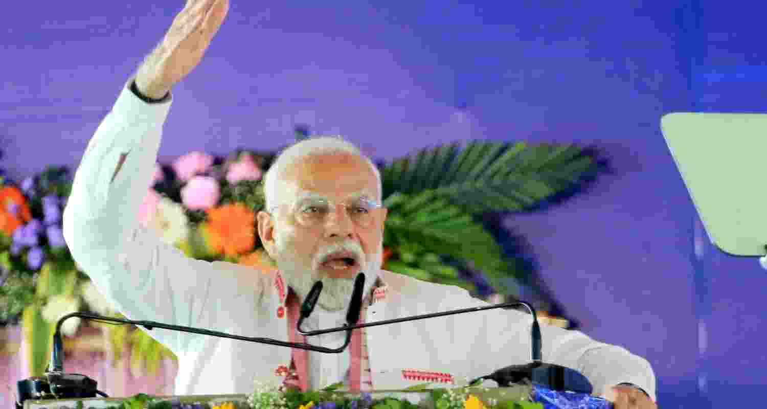 Prime Minister Narendra Modi addresses people during the concluding rally of Parivartan Yatra in Hazaribag, Jharkhand on Wednesday. 