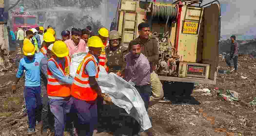 Rescue work underway after blast and fire at the firecracker factory, in Harda, Madhya Pradesh on Tuesday.