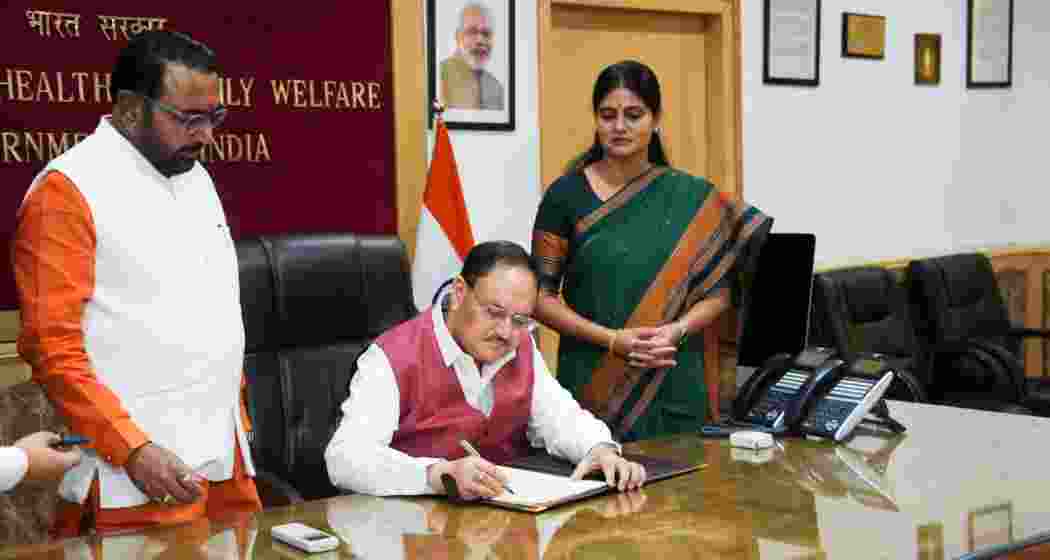 Union Minister J P Nadda takes charge as Minister of Health and Family Welfare, in New Delhi, Tuesday, June 11, 2024. Anupriya Patel and Jadhav Prataprao Ganpatrao, MoS in the Ministry of Health and Family Welfare are also seen.