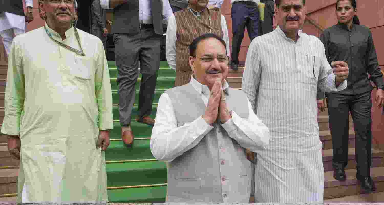 Union Minister JP Nadda with BJP MPs at the Parliament House complex on the first day of the first session of the 18th Lok Sabha, in New Delhi, Monday, June 24, 2024.