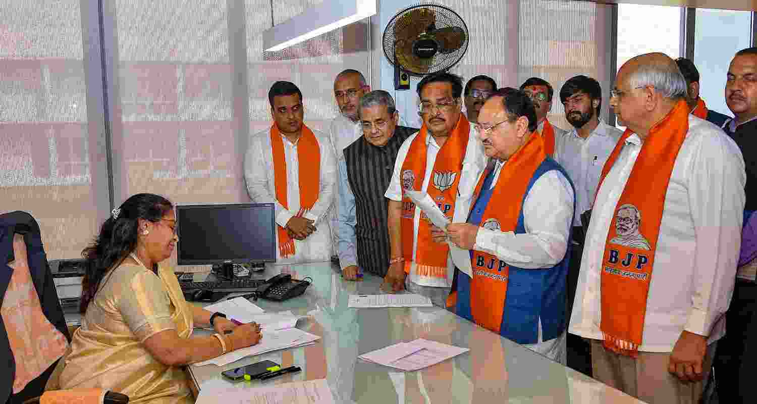 JP Nadda, the Chief of the Bharatiya Janata Party (BJP), accompanied by fellow party leaders, officially submits his nomination in Gujarat.