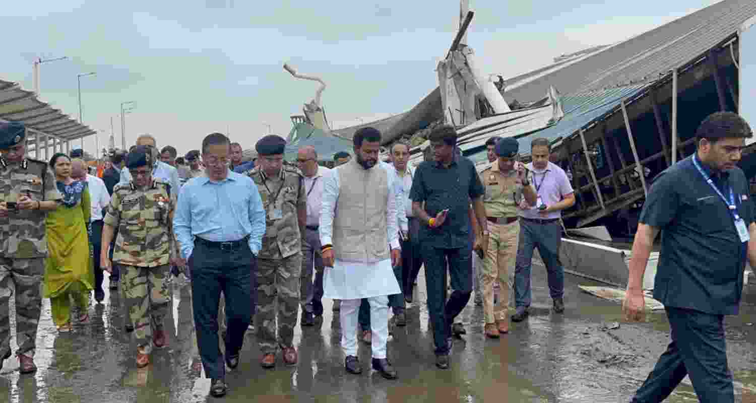 Union Civil Aviation Minister Ram Mohan Naidu Kinjarapu inspecting the roof collapse at Terminal 1 of Indira Gandhi International Airport in New Delhi.