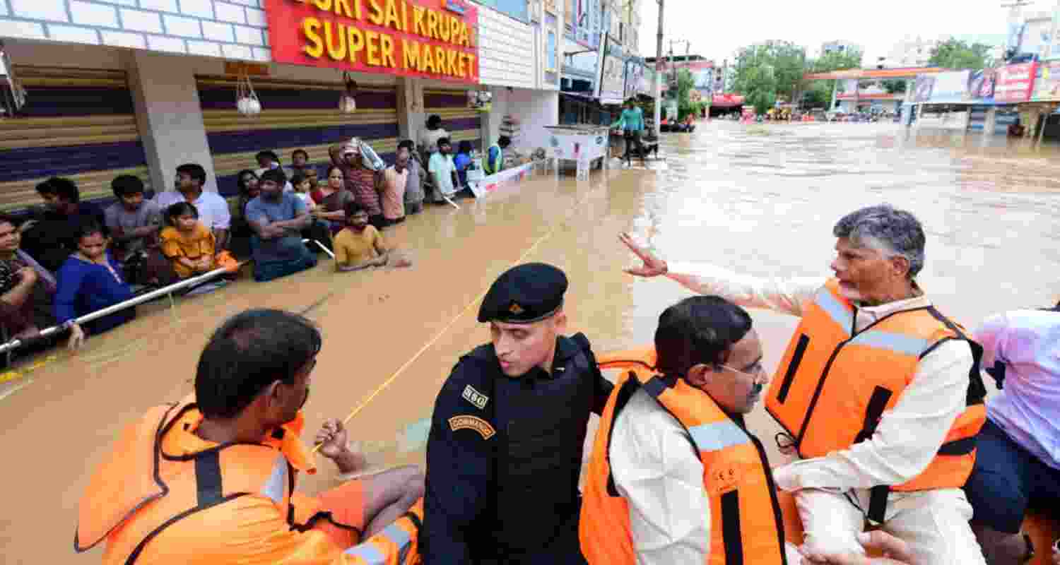 Andhra CM Naidu visited the Budameru flood affected area in Vijayawada Singh Nagar. Image via @ncbn on X.