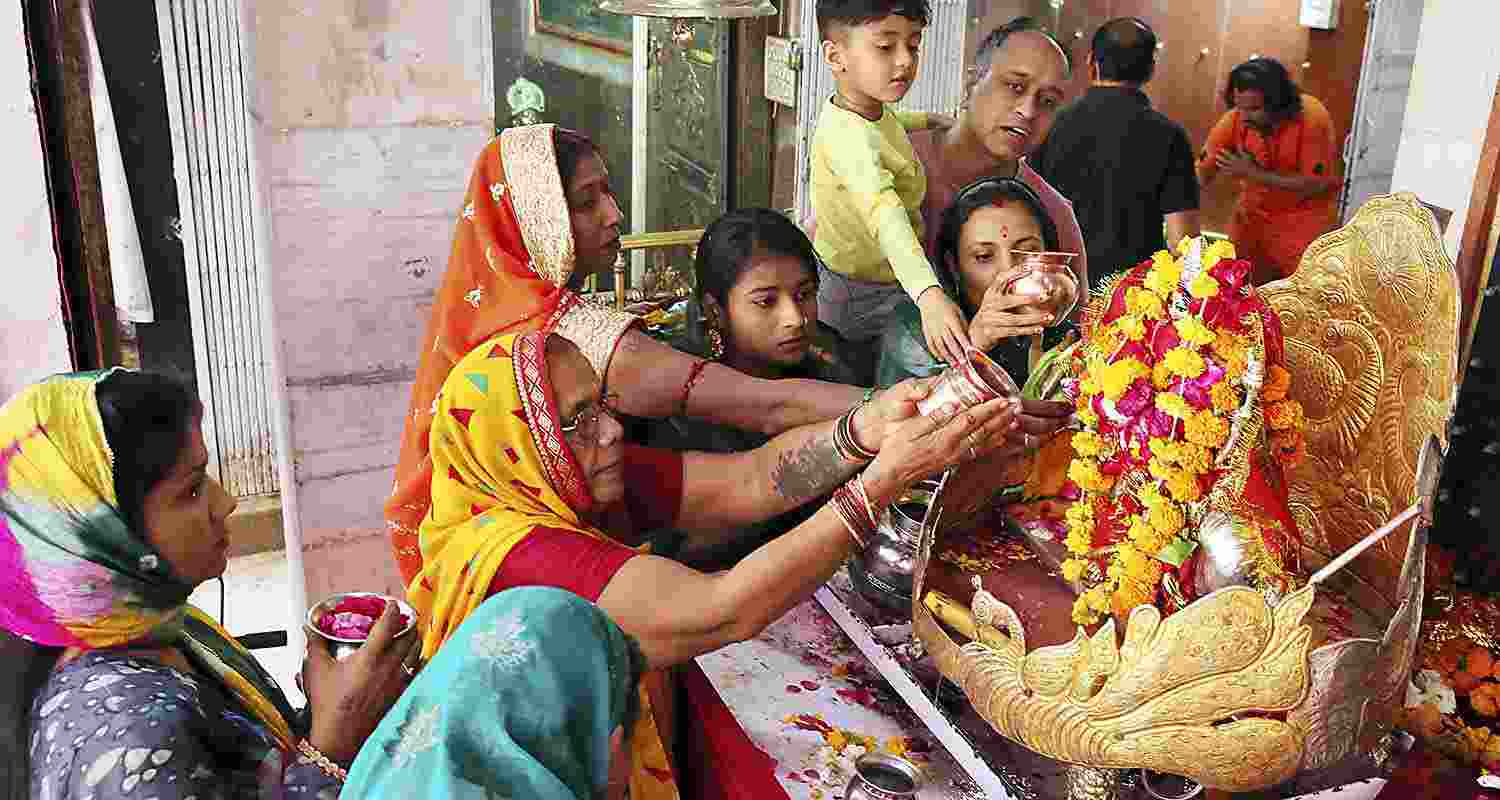 Devotees offer prayers at a temple on the first day of the ‘Chaitra Navratri’ festival, in Bhopal