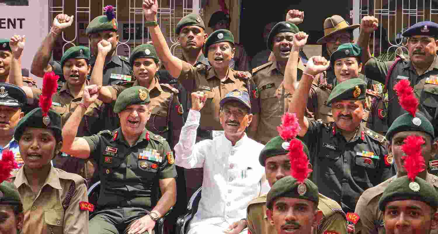 Union Minister of State for Defence Sanjay Seth poses for a group photo with NCC cadets during his visit to NCC Club House, at Maidan, in Kolkata, Thursday, July 11, 2024.