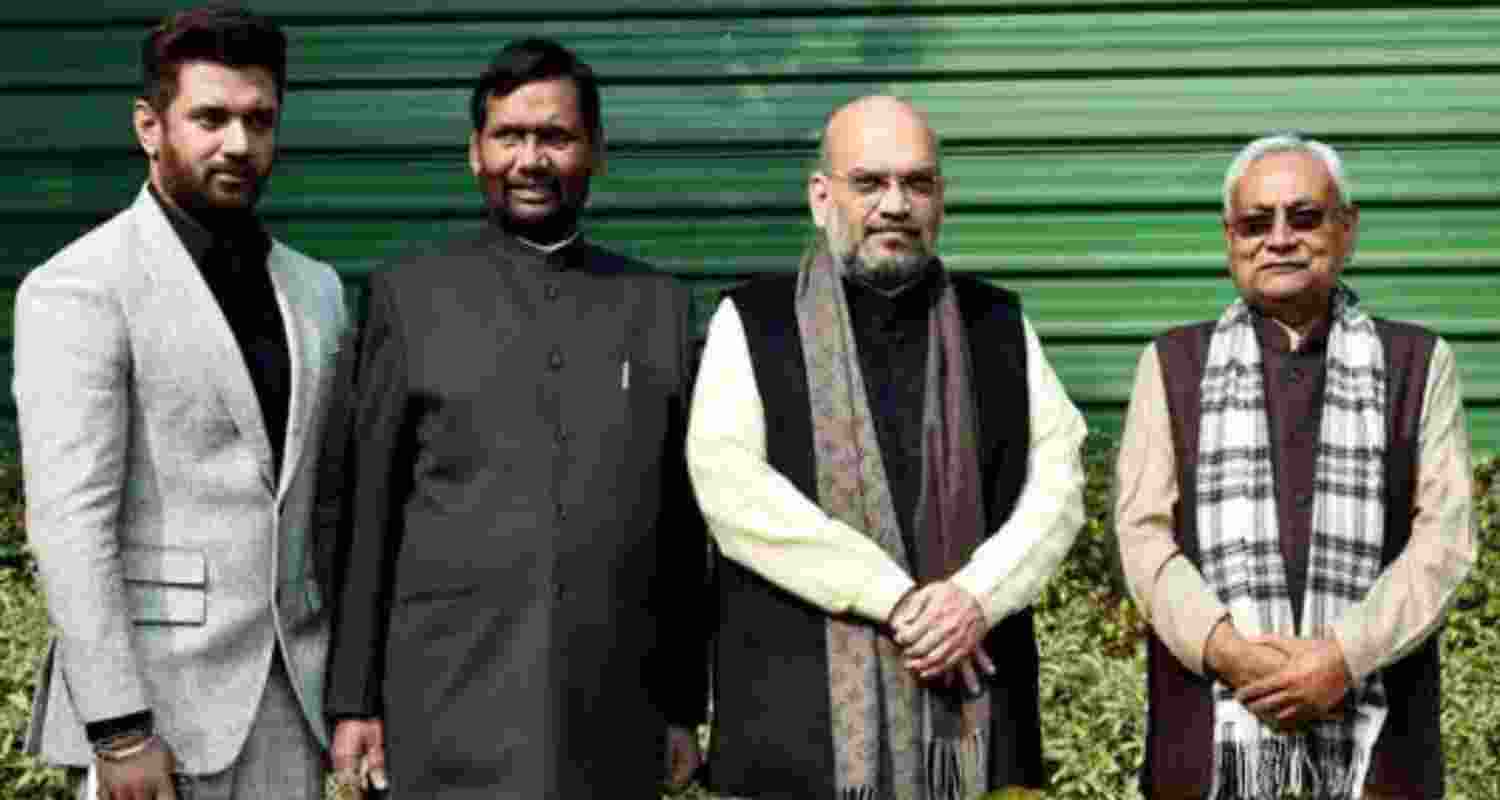 LJP president Chirag Paswan, former LJP President Ram Vilas Paswan, union Home Minister Amit Shah, Bihar Chief Minister and JDU supremo Nitish Kumar.
