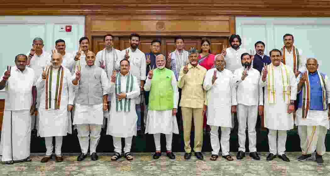 Prime Minister Narendra Modi with BJP President J P Nadda, TDP chief N Chandrababu Naidu, JD(U) chief Nitish Kumar and other leaders during a meeting of the National Democratic Alliance (NDA) at PM's residence, in New Delhi on Wednesday, June 5, 2024.