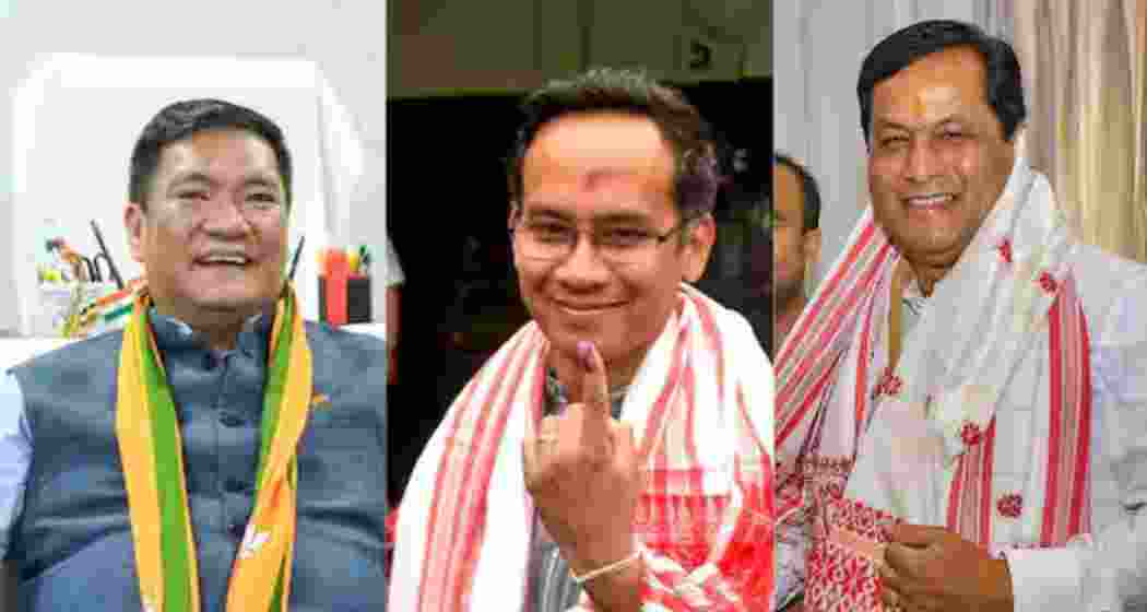 (From right to left) Arunachal Chief Minister and BJP leader Pema Khandu, Congress leader Gaurav Gogoi, Union Minister and BJP leader Sarbananda Sonowal.