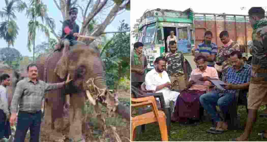 (Left) Omanakuttan Pillai supervising the loading of elephants onto trucks in Arunachal Pradesh. Pillai making a deal at Manas National Park, captured in 2021 (Right). 