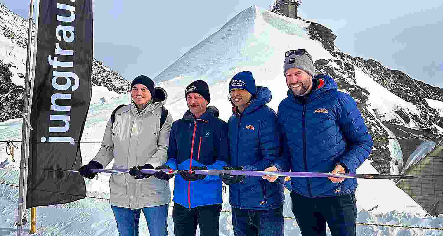 Olympic Gold medalist Javelin thrower Neeraj Chopra with Interlaken Tourism Kevin Dissauer, CFO, Member of the Executive Board-Jungfraubahnen Christoph Seiler and CMO, Member of the Executive Board-Jungfraubahnen Remo Käser at Jungfraujoch, known as the ‘Top of Europe’.