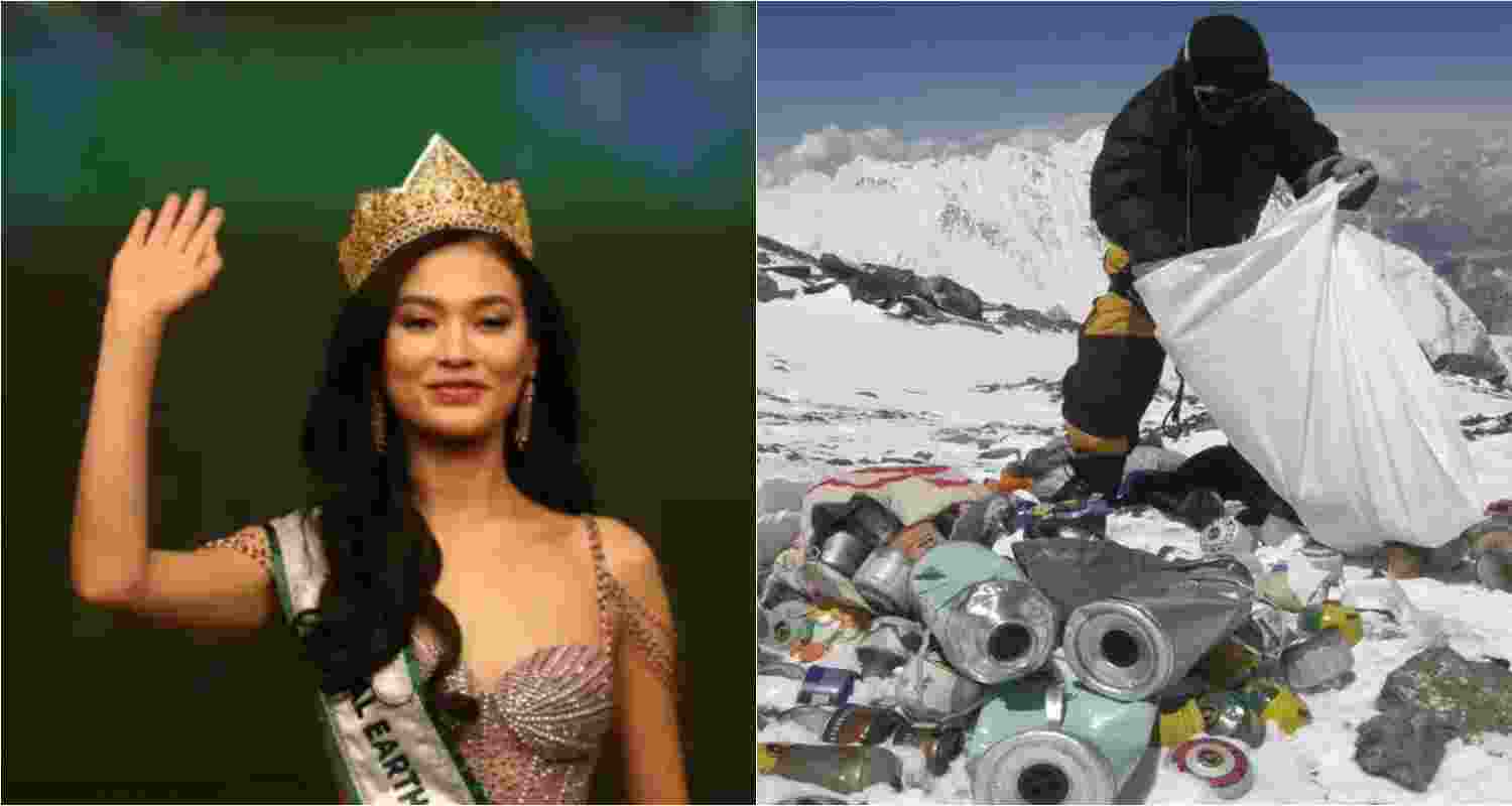 Miss Nepal World Srichchha Pradhan. A Nepalese sherpa collecting garbage, left by climbers, at an altitude of 8,000 metres during the Everest clean-up expedition at Mount Everest in the year 2010. 