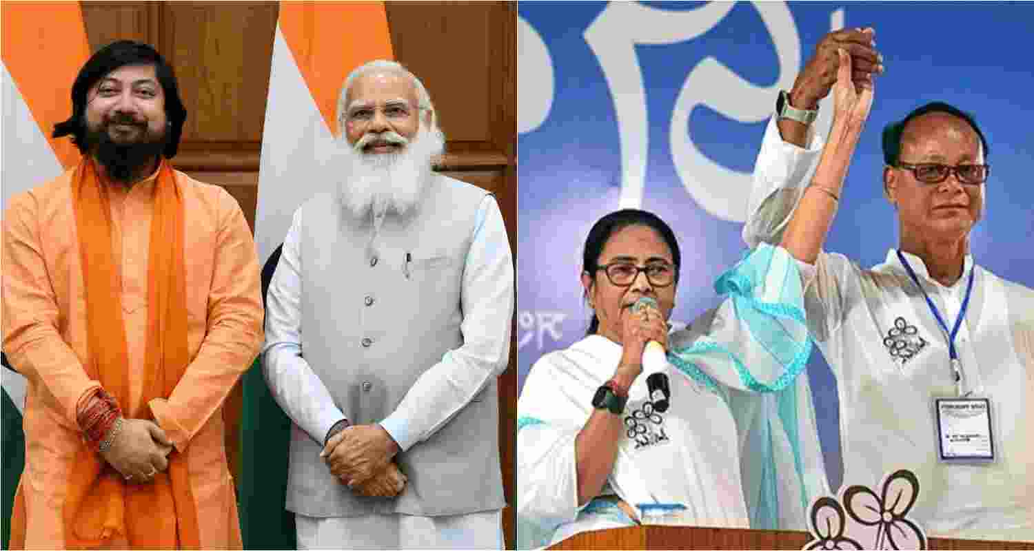 Union Minister of State for Home Nisith Pramanik with Prime Minister Narendra Modi (left), West Bengal Chief Minister Mamata Banerjee with TMC's Jagadish Chandra Barma Basunia. 