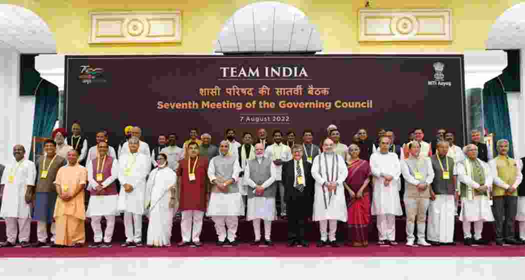 Prime Minister Narendra Modi with Chief Ministers and Lt. Governors from 19 states and 6 UTs at the 8th NITI Aayog Governing Council Meeting in 2023, held at the New Convention Centre, Pragati Maidan, New Delhi.