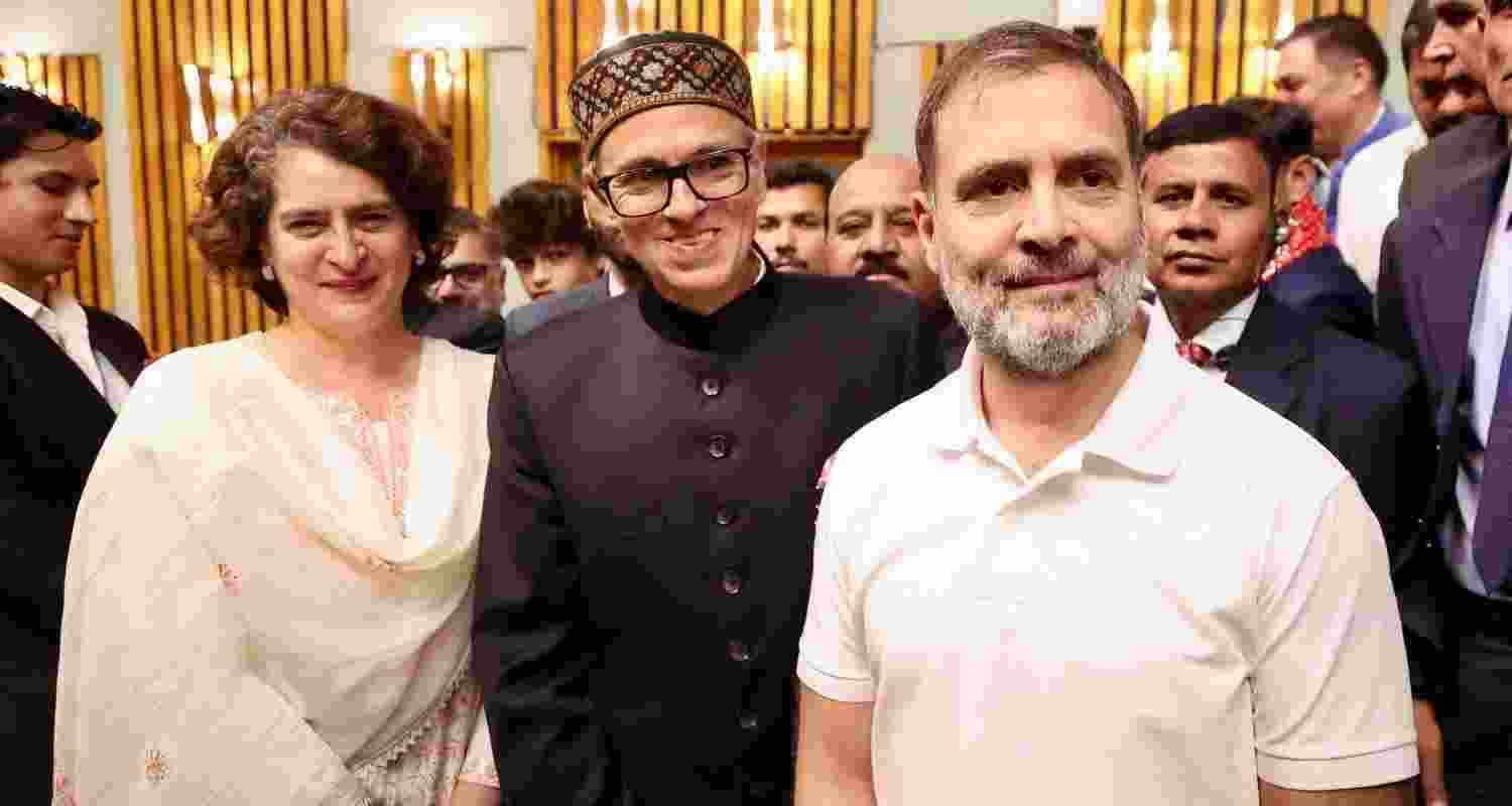 Priyanka Gandhi, Omar Abdullah and Rahul Gandhi at the swearing-in ceremony in Srinagar.