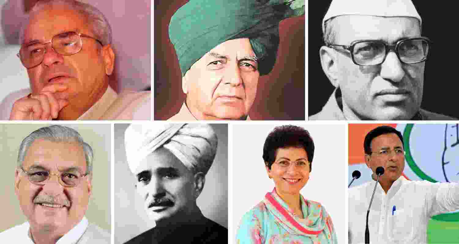 Prominent Haryana leaders, from left to right: Bhajan Lal, Devi Lal, Bansi Lal, Bhupinder Singh Hooda, Sir Chhotu Ram, Kumari Selja, Randeep Surjewala.