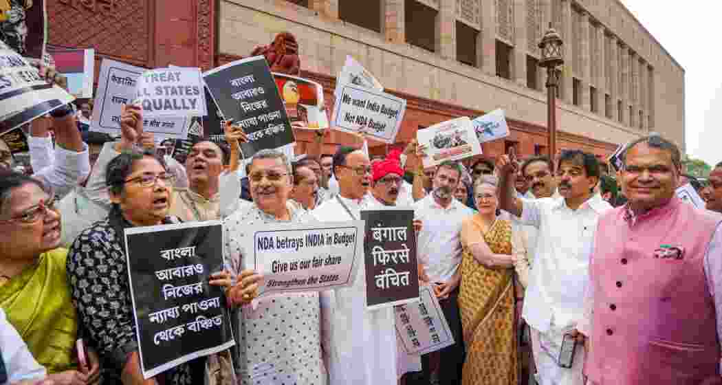 Lok Sabha LoP Rahul Gandhi, Congress MP Sonia Gandhi and others during an Opposition's protest inside Parliament premises claiming discrimination in Union Budget 2024 during the Monsoon session, in New Delhi, Wednesday, July 24, 2024.