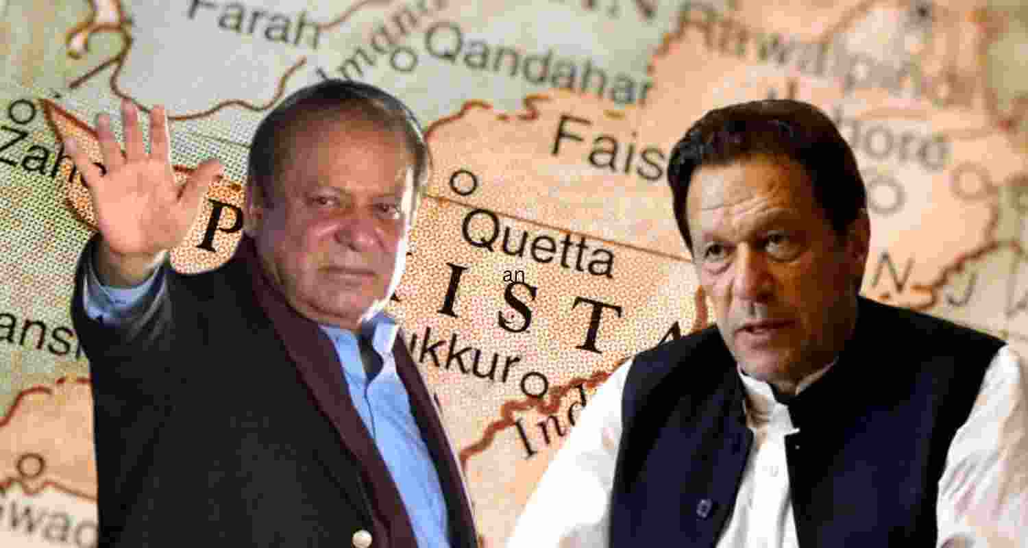 Former Pakistan PMs Nawaz Sharif and Imran Khan in front of a map of pakistan