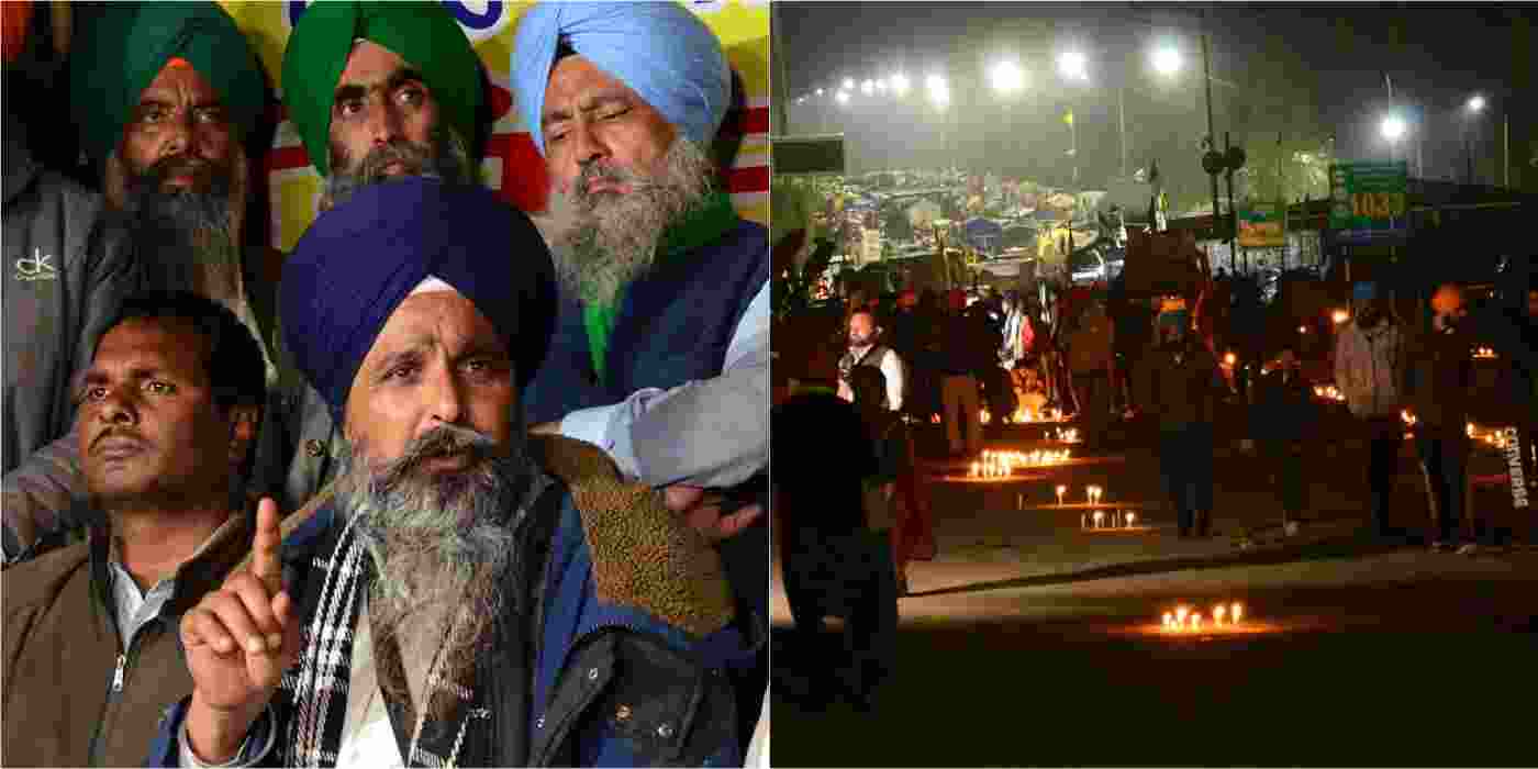 Farmer leader Sarwan Singh Pandher with others addresses the media during the ongoing farmers protest over various demands at the Punjab-Haryana Shambhu Border, in Patiala district, Saturday (left). Candles are lit on a highway near tractors and trolleys of the protesting farmers in tribute to a youth who was allegedly killed in Police action at Khanauri border amid their ongoing protest, during a candlelight vigil at the Punjab-Haryana Shambhu border on Saturday (right).