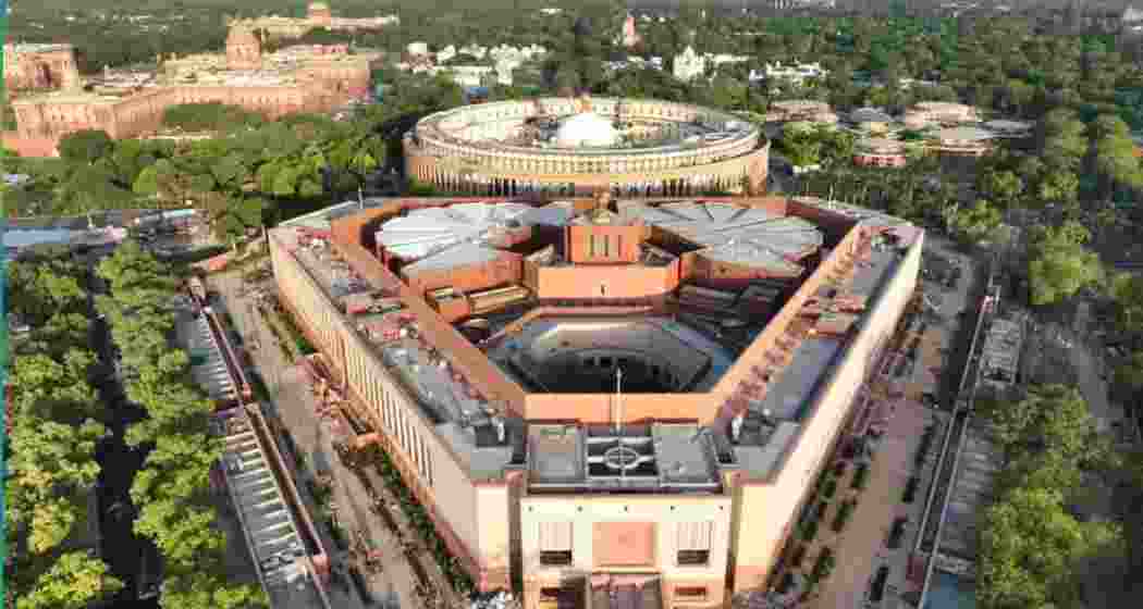 An aerial view of the parliament showing the Lok Sabha and the Rajya Sabha.