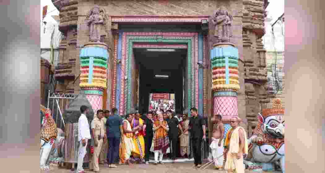 PM Modi coming out of the Jagannath temple in Puri after offering prayers on Monday morning.
