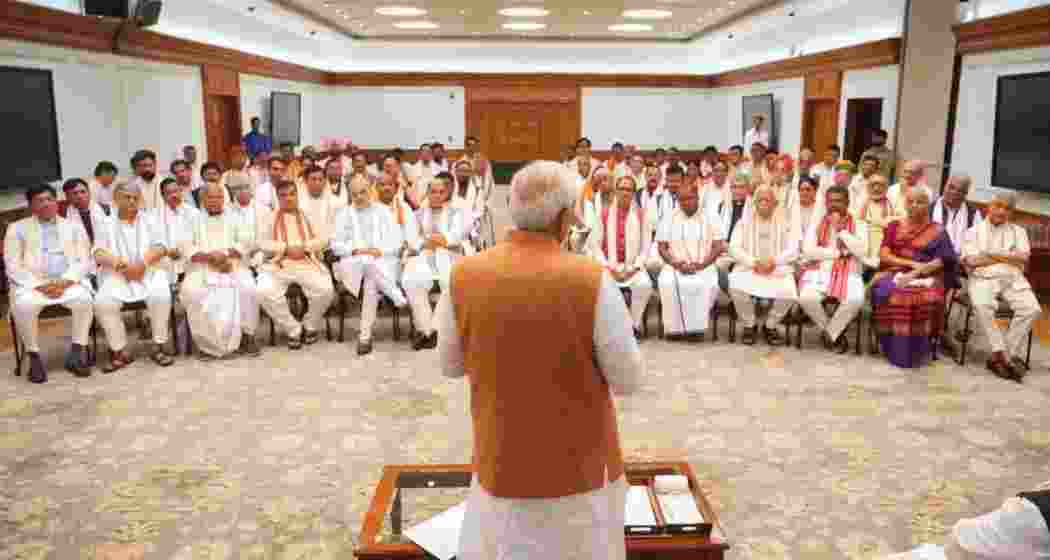 Prime Minister-designate Narendra Modi with NDA leaders during an interaction over tea, in New Delhi on Sunday, June 9, 2024.