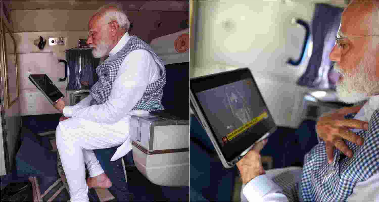 PM Modi watches sunrays illuminate Ram Lalla's forehead inside aircraft.