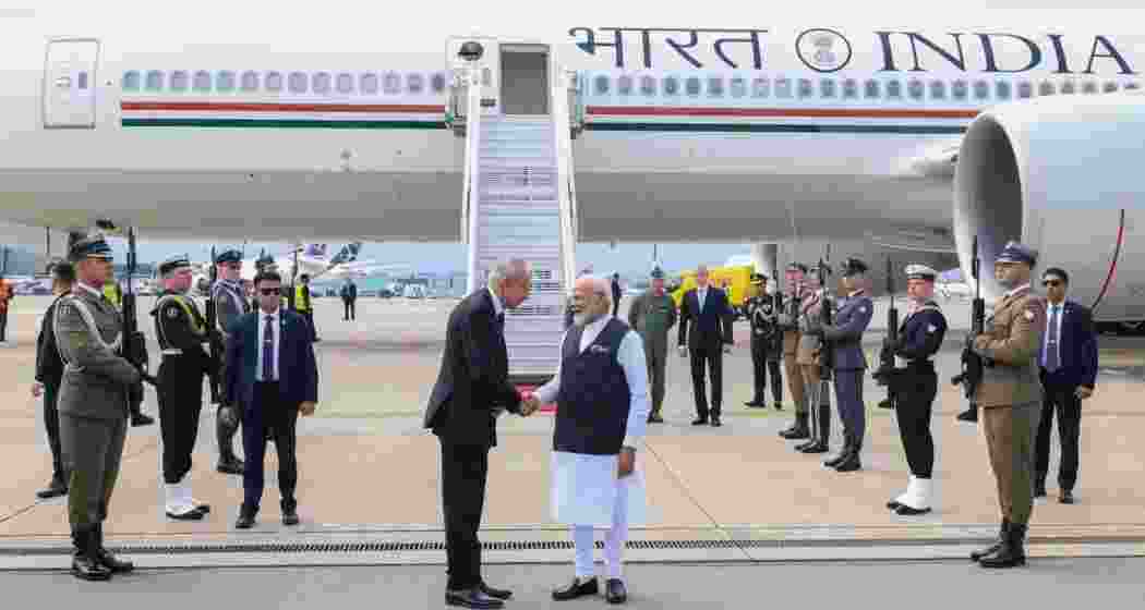 Prime Minister Narendra Modi warmly welcomed by Polish officials upon his arrival in Warsaw on Wednesday.