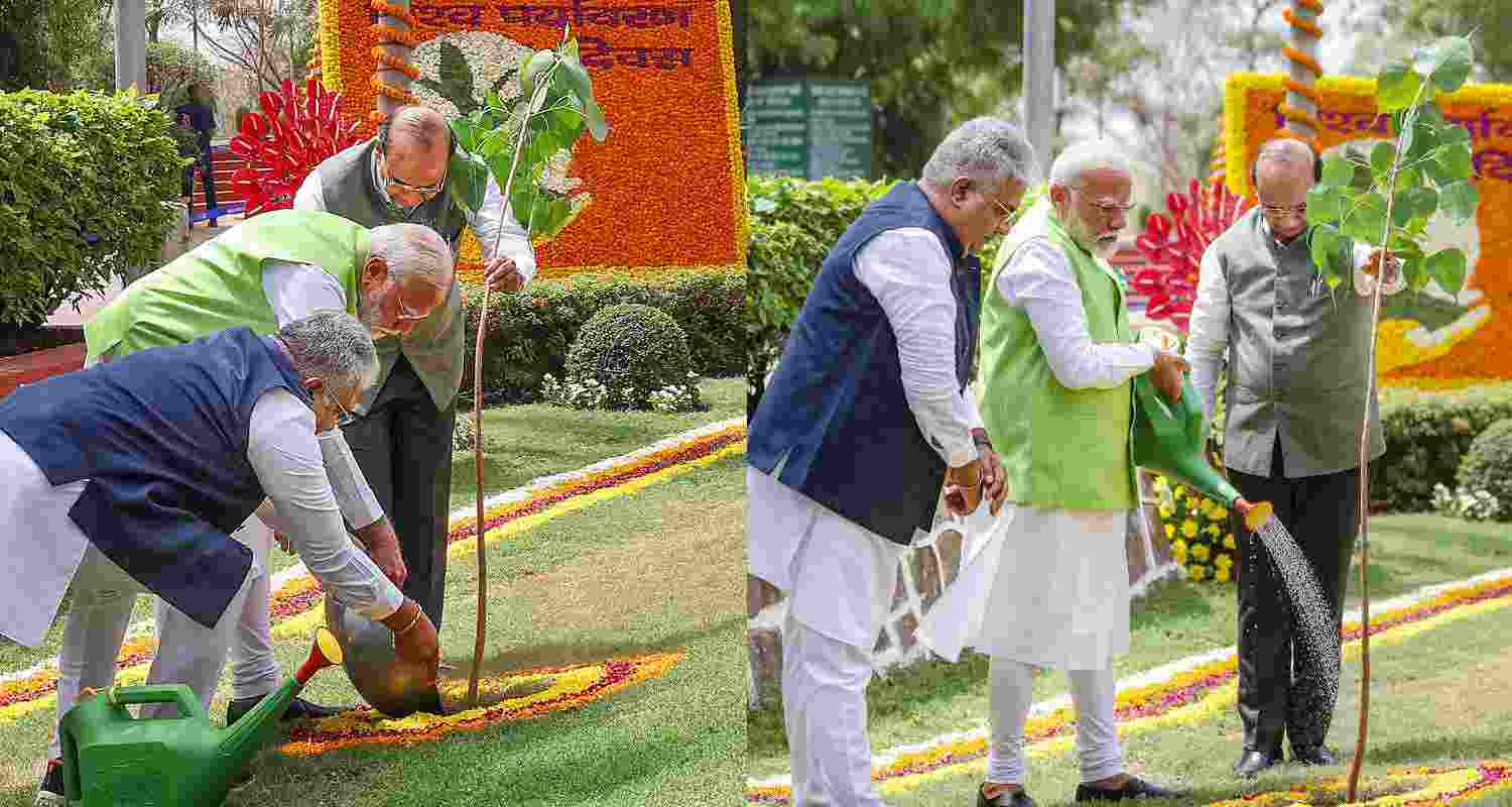 Prime Minister Narendra Modi plants a tree on the occasion of Wold Environment Day, at Buddha Jayanti Park, in New Delhi, Wednesday, June 5, 2024.