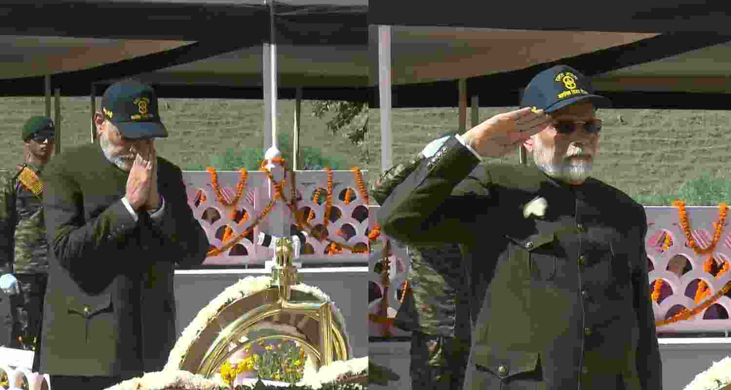 Prime Minister Narendra Modi pays homage at the Kargil War Memorial on the occasion of the 25th anniversary of the 'Kargil Vijay Diwas', in Dras, Friday, July 26, 2024.