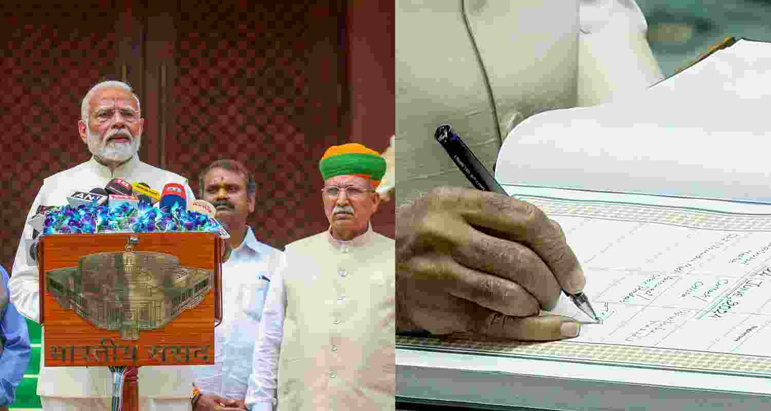 Prime Minister Narendra Modi along with Union Parliamentary Affairs Minister Kiren Rijiju and Ministers of State Jitendra Singh, Arjun Ram Meghwal and L Murugan addresses the media at the Parliament House complex on the first day of the first session of the 18th Lok Sabha (lefft), and Prime Minister Narendra Modi signs a register after taking oath (right). 