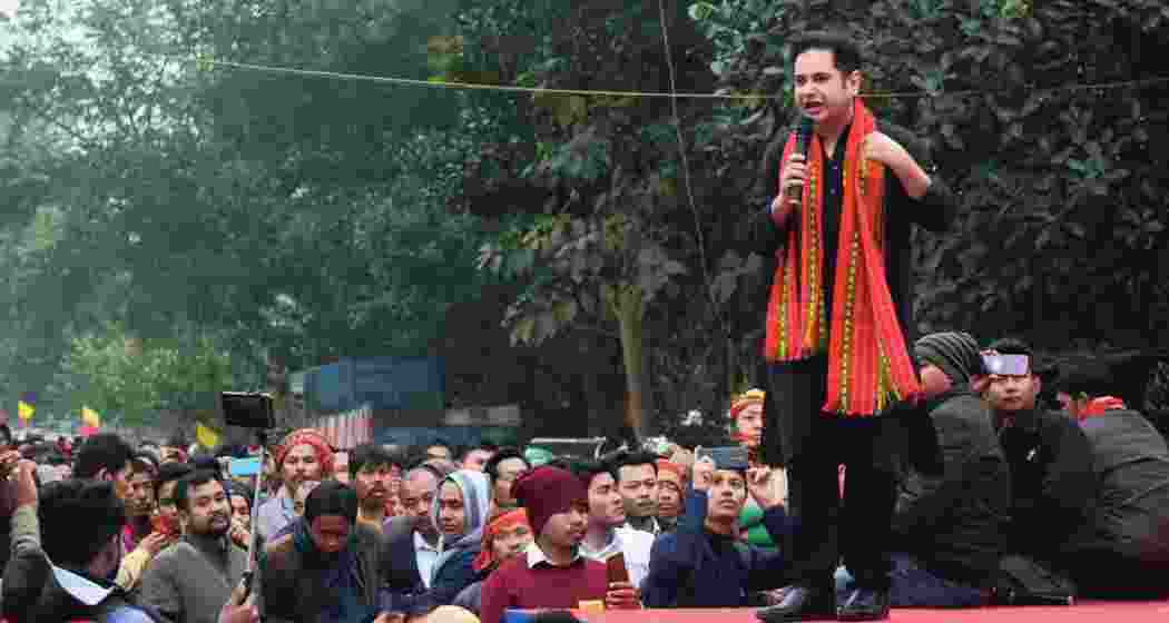 Pradyot Debbarma addresses the crowd. 