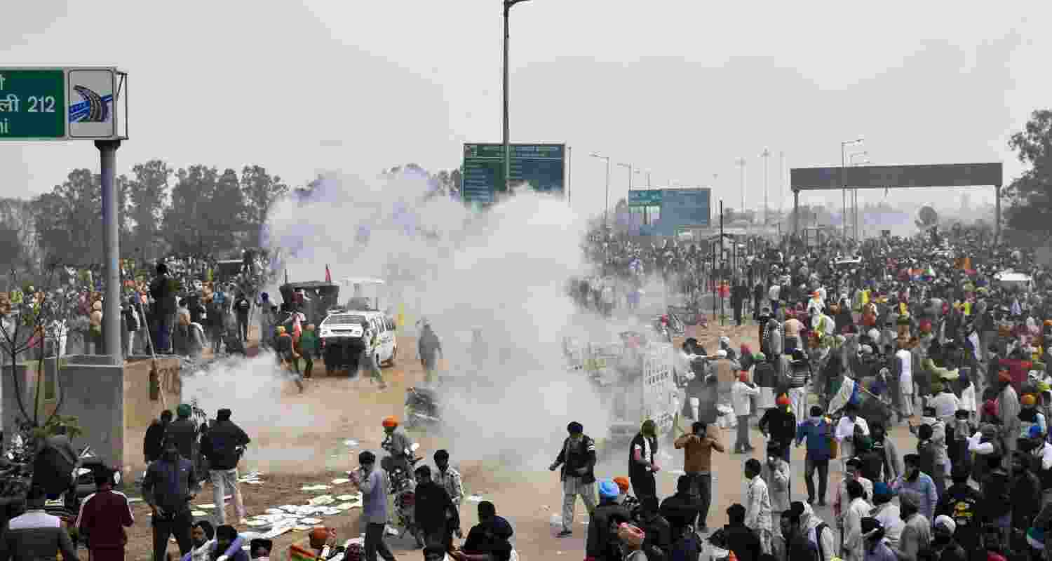 Tear gas being deployed by the forces at Shambhu border as retaliation to protestors pelting stones