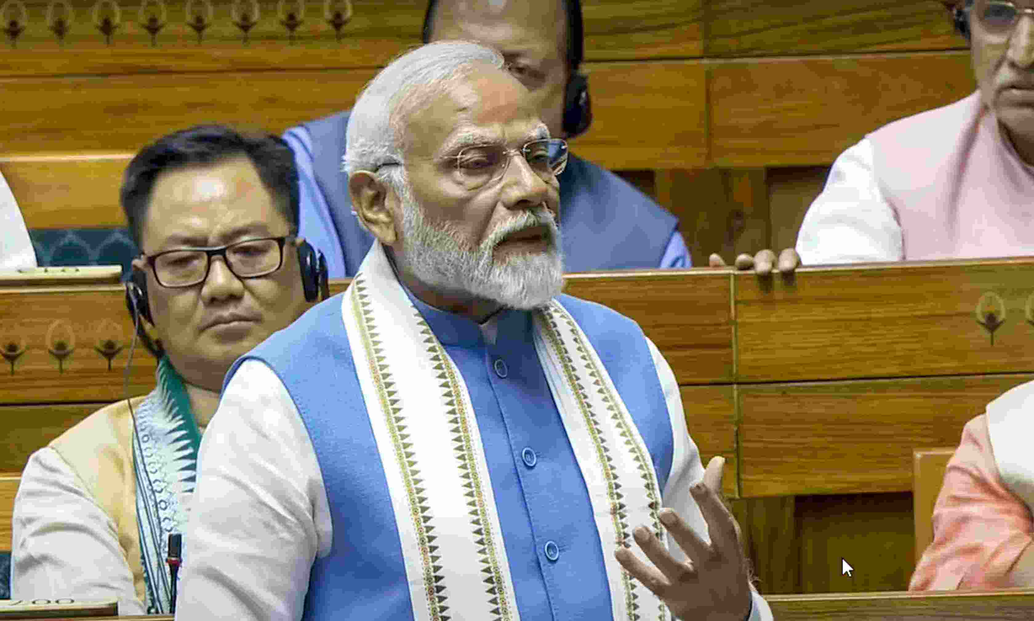 Prime Minister Narendra Modi replies to the Motion of Thanks on the President's Address in the Lok Sabha during the ongoing Parliament session, in New Delhi, Tuesday, July 2, 2024.