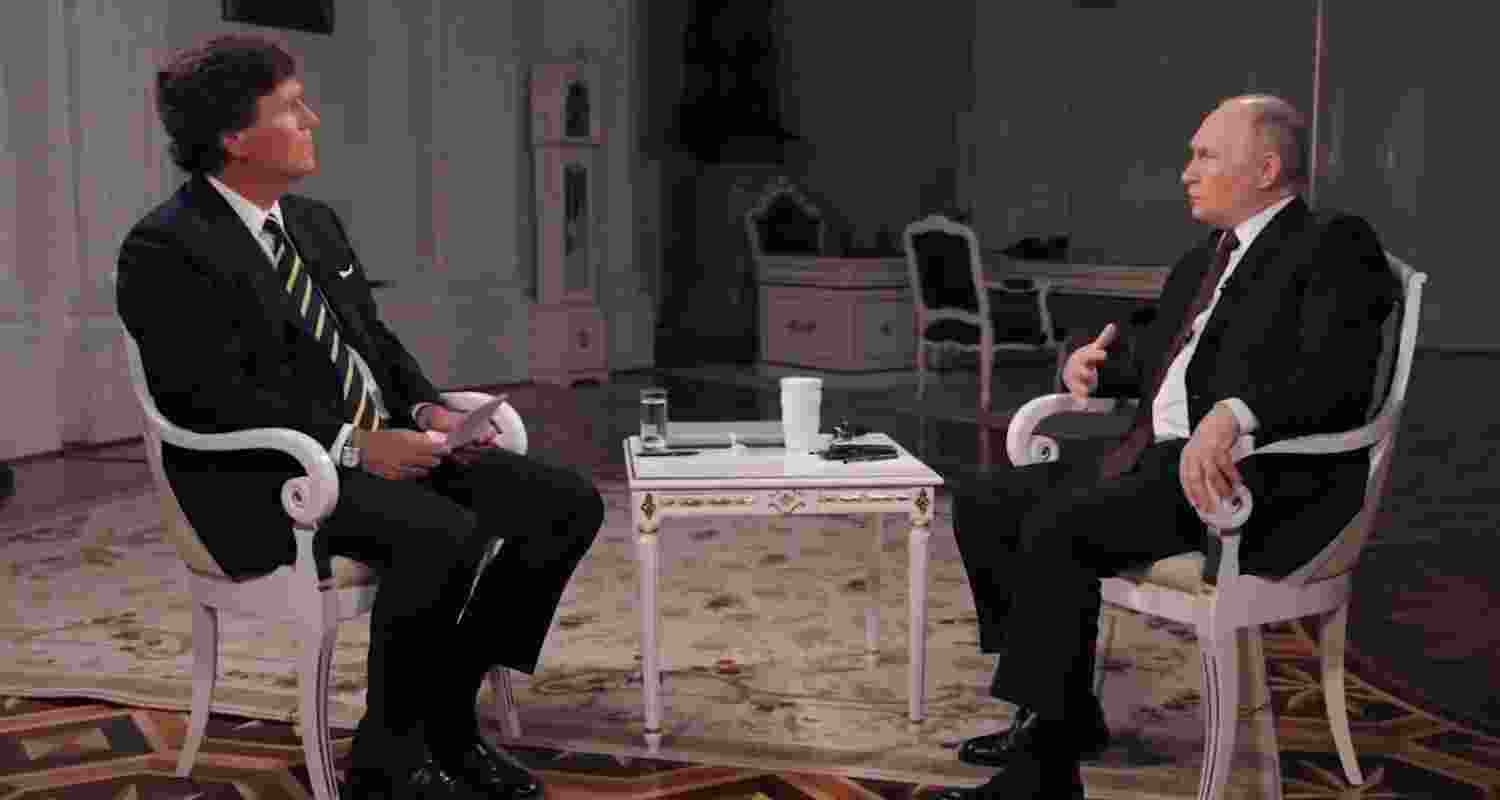 Tucker Carlson interviewing Russian President Vladimir Putin at the Kremlin, Moscow, Russia.