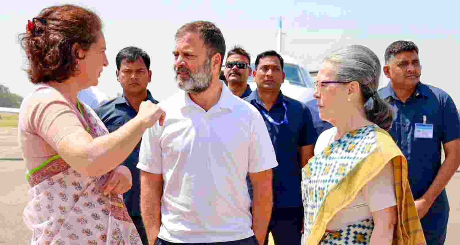 Congress leaders Rahul Gandhi, Sonia Gandhi and Priyanka Gandhi Vadra upon their arrival before the nomination filing of Rahul ahead of the third phase of the Lok Sabha elections, in Rae Bareli.