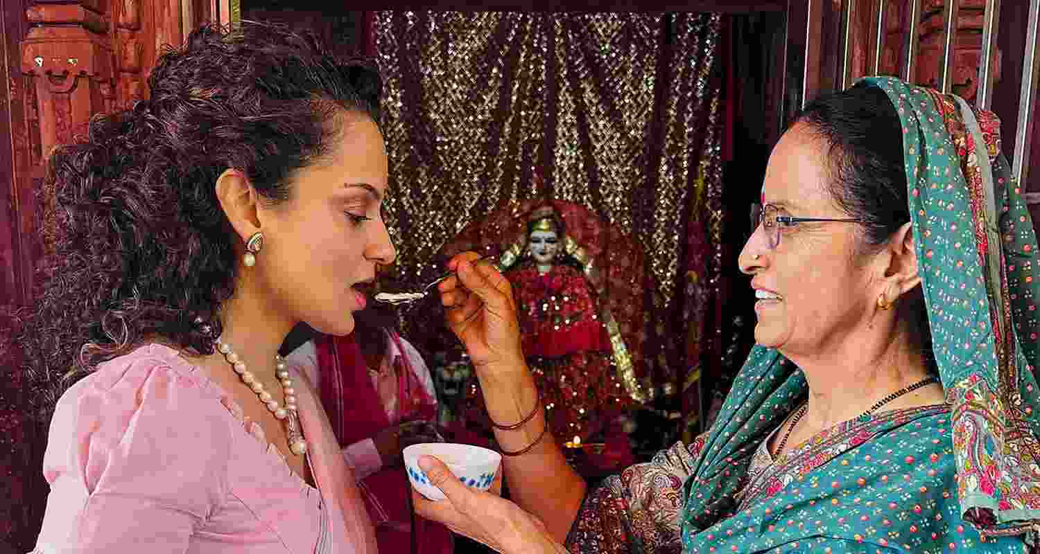  BJP candidate from Mandi constituency Kangana Ranaut being fed curd by her mother on the day of counting for LS polls.