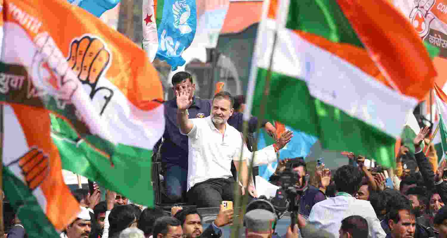 Rahul Gandhi waves to the crowd during the Bharat Jodo Nyay Yatra