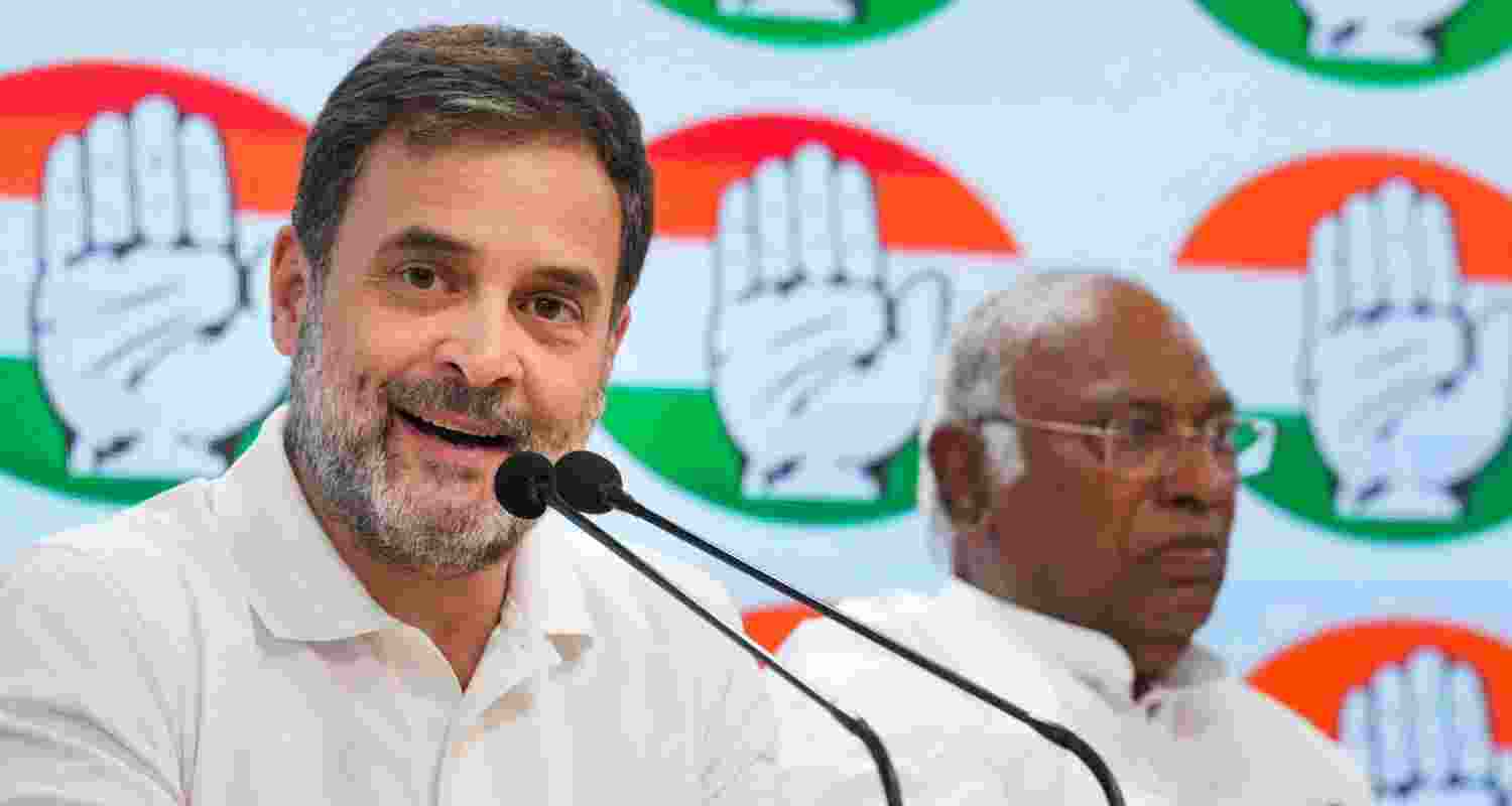 Congress leader Rahul Gandhi addresses a press conference amid the counting of votes for the Lok Sabha elections, at the party headquarters, in New Delhi, Tuesday, June 4, 2024. The party President Mallikarjun Kharge is also seen. 