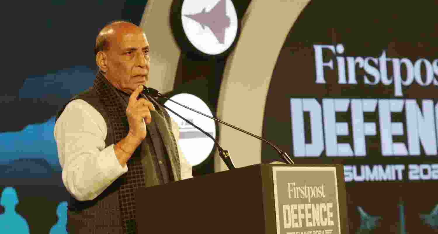 Union Defence Minister Rajnath Singh addresses the inaugural session of ‘Firstpost Defence Summit 2024’, in New Delhi.