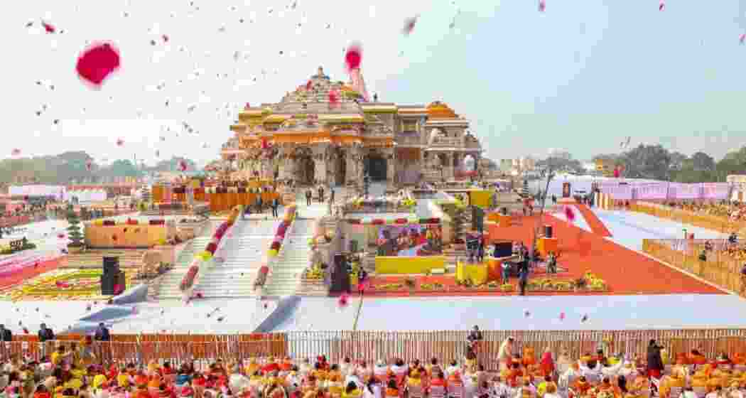 Gathering during the consecration ceremony at the Ram Mandir, in Ayodhya on Monday, Jan. 22, 2024.