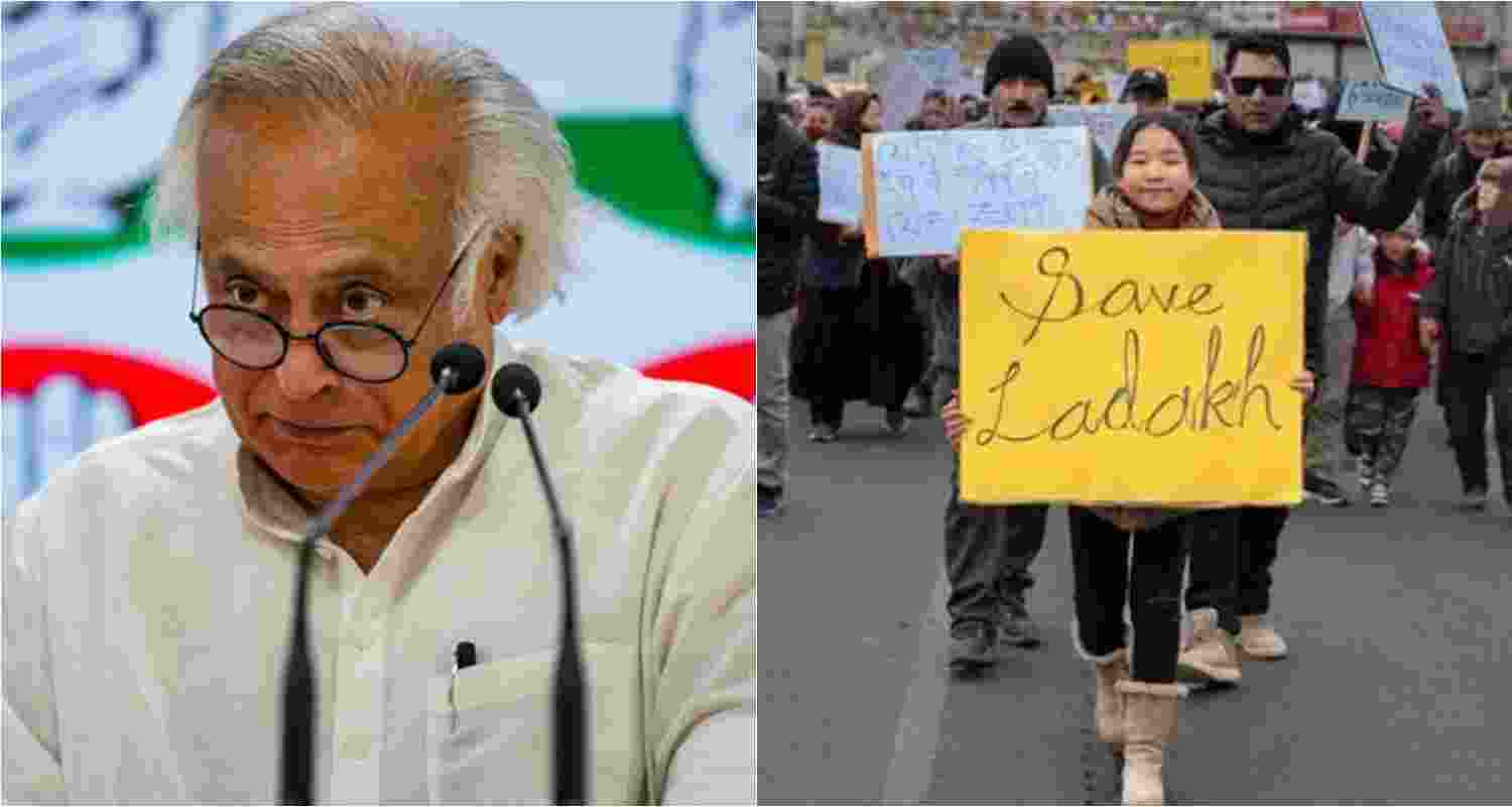 Congress Chief Jairam Ramesh (left). People holding placards take part in the 'Leh Chalo Andolan' called by Kargil Democratic Alliance (KDA) and Leh Apex Body (LAB) demanding the implementation of the 6th Schedule, Statehood, Land, and job security and separate Lok Sabha Seat in Parliament for Kargil and Leh, in Leh (right).