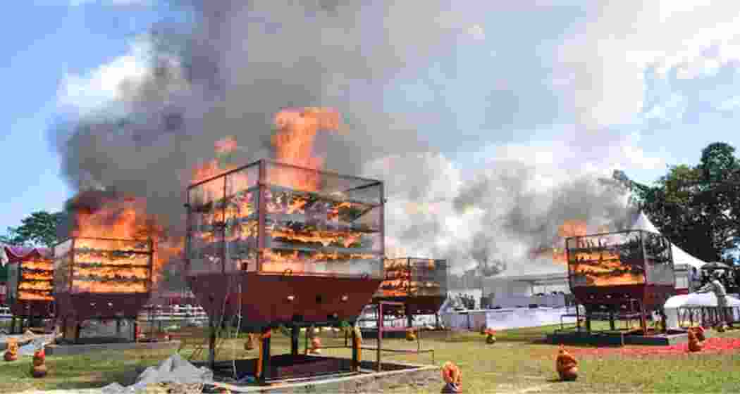 A photograph from 2021 shows the Assam forest department burning rhino horns at Bokakhat Stadium in Golaghat on a Wednesday.